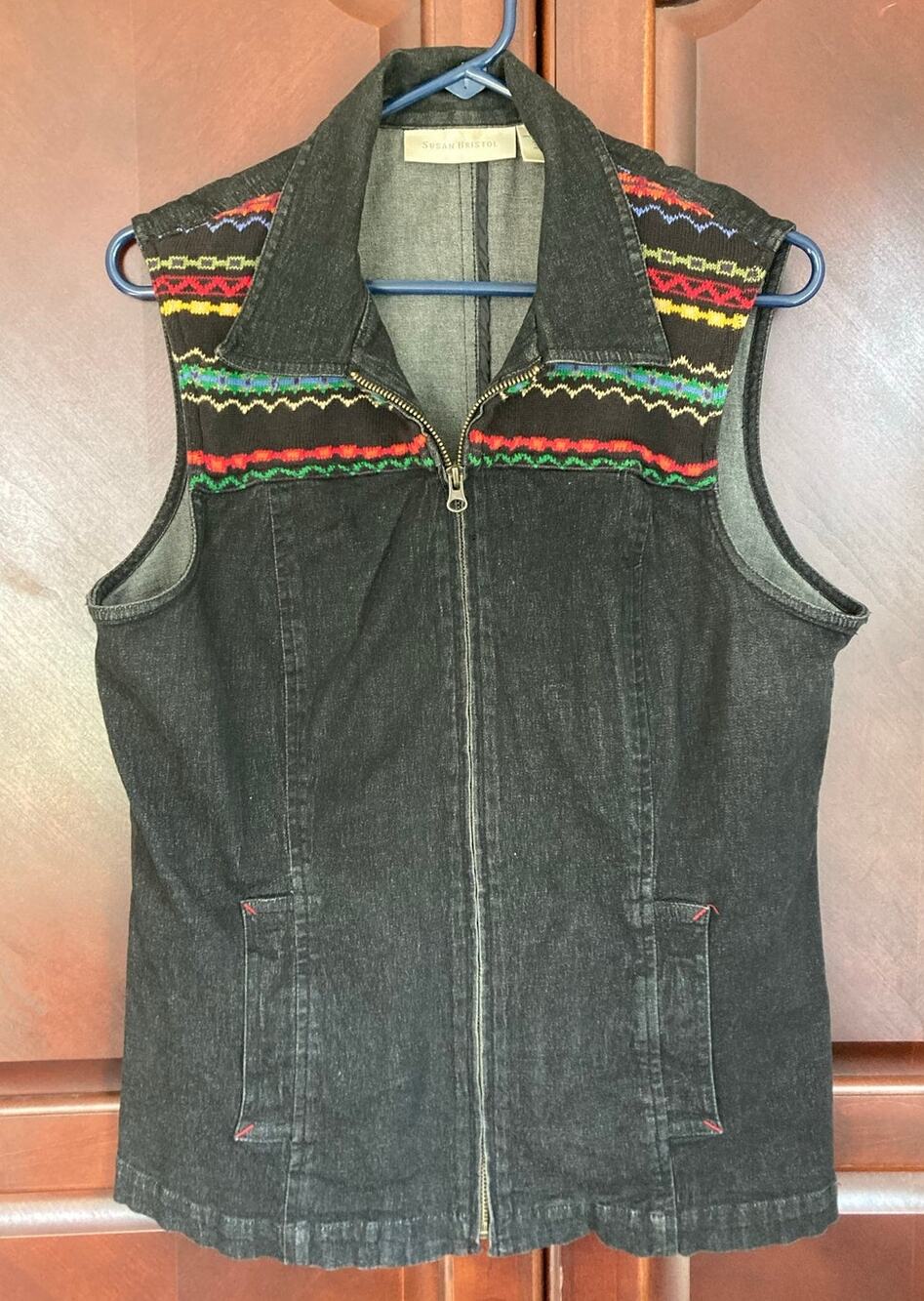 Susan Bristol - Vintage Boho Folk Fairy Isle Black Zip Denim Vest - L